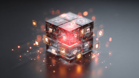 Abstract digital cube with tech icons and glowing edges, concept of smart technologyの素材