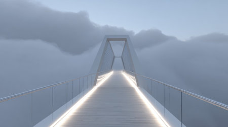 Bridge with glowing edges extending into the clouds, representing unknown future pathの素材