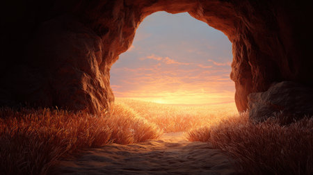 Bright tunnel leading into golden field, representing breakthrough and fulfilled potentialの素材