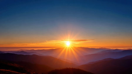 Bright sunrise behind mountain ridge, symbolizing new day and fresh successの素材