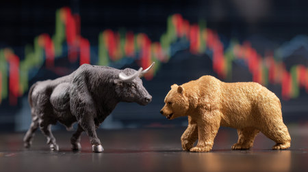 Bull and bear figurines beside stock charts, concept of market trends and investmentの素材