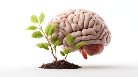 Brain with plant growing out of it, representing organic and sustainable creativityの素材