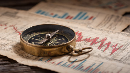 Compass with financial charts and graphs, symbolizing business direction and guidanceの素材