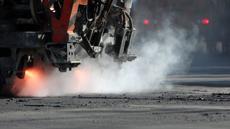 Asphalt milling machine removing top layer of old road for resurfacingの素材