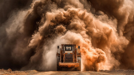 Bulldozer pushing dirt at a land clearing project with dust clouds rising from the groundの素材