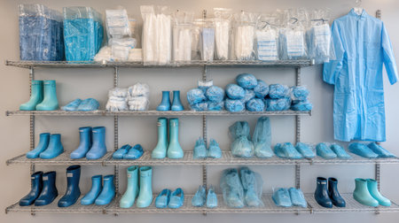 Clean room safety gear including lab coat, shoe covers, and face shield on sterile shelfの素材