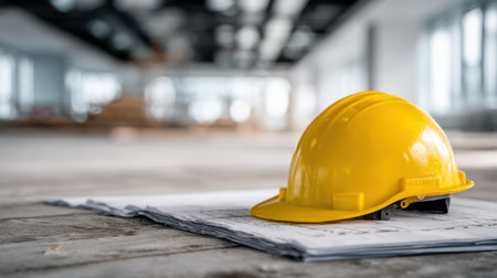 Close-up of yellow construction helmet placed on stack of blueprints on unfinished floorの素材