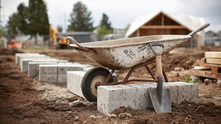 Close-up of wheelbarrow, shovel, and concrete blocks at site cornerの素材