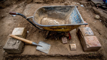 Close-up of wheelbarrow, shovel, and concrete blocks at site cornerの素材
