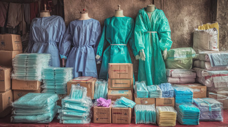 Pile of unused PPE kits including masks, gloves, and coveralls packed for distributionの素材