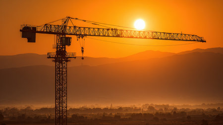 Tower crane silhouetted against sunset sky at city development projectの素材