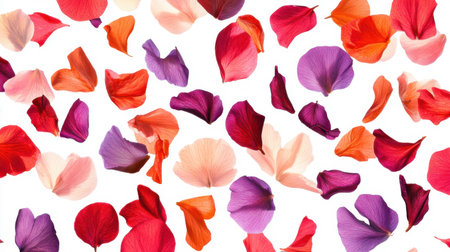 Abstract petal scatter pattern using colorful flowers over white backgroundの素材