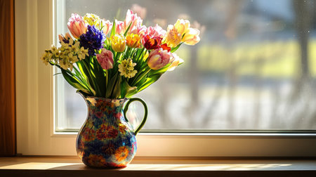 Assorted spring flowers in a multicolored vase on a sunny kitchen windowsillの素材