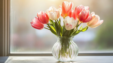 Blooming flowers in a glass vase with water droplets on the inside and backlit by soft daylightの素材