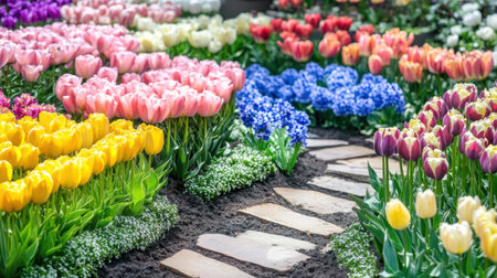 Blooming flowers in coordinated color palettes forming a layered pattern in a terrace gardenの素材