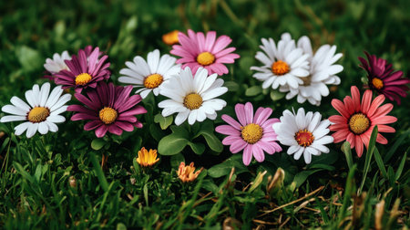 Assortment of daisies in white, pink, and purple in a meadow with soft green grassの素材