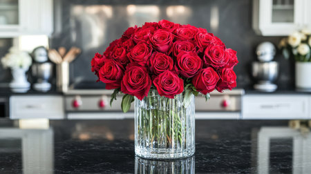 Bouquet of red roses in a crystal vase sitting on a black granite kitchen islandの素材