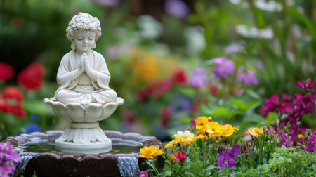 Colorful blossoms around a white garden statue creating a serene and artistic settingの素材
