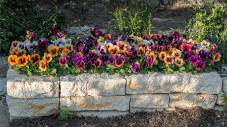 Colorful pansies planted in a decorative stone garden border under dappled sunlightの素材