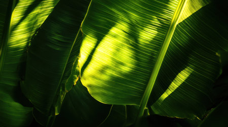 Dramatic lighting on banana leaves revealing ribs and textureの素材
