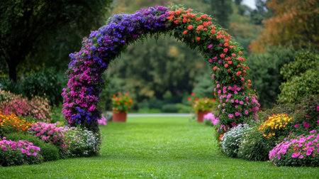 Decorative flower arch made of mixed blooms in full spectrum colors in outdoor settingの素材