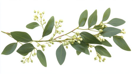 Eucalyptus leaves and small blossoms forming a wreath shape on white backgroundの素材