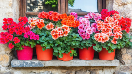 Geraniums in bold red, orange, and pink shades growing in window boxes of a country homeの素材