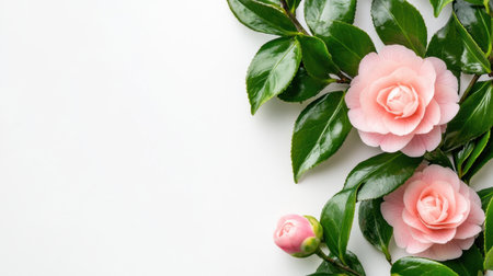 Isolated camellia flower with green leaves and pink petals on white backgroundの素材