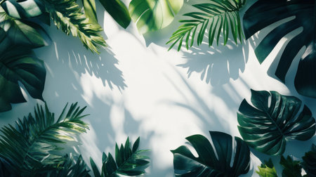 Jungle-inspired flat lay of mixed leaves and natural shadowsの素材