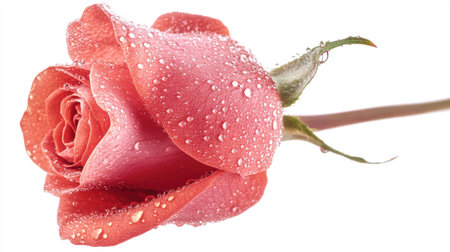 Isolated rosebud with dew droplets over white background, macro detail visibleの素材