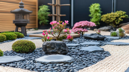 Japanese garden featuring minimalistic flower arrangements, pebbles, and bonsai treesの素材
