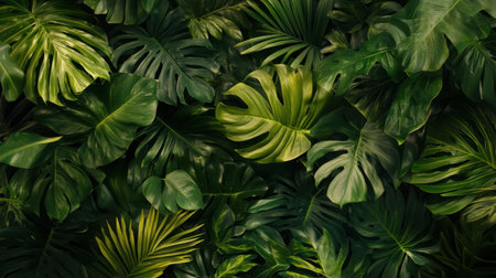 Leaf pattern formed with overlapping tropical plants on a flat surfaceの素材