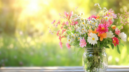 Mason jar used as a vase with freshly cut garden flowers placed on an outdoor tableの素材