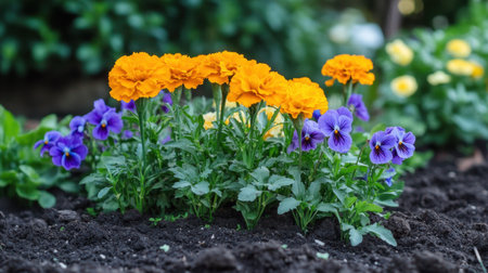 Marigolds and violets growing together in a backyard garden with rich soil and sunlightの素材