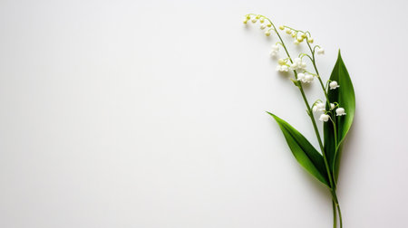 Minimalist composition with a single stem of lily of the valley on a white backdropの素材