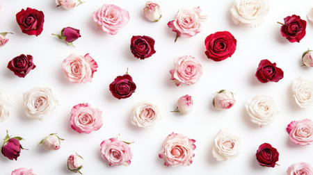 Mixed roses in pink, red, and white hues scattered across white backgroundの素材