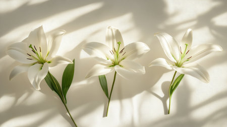 Trio of lilies aligned vertically on a seamless white surface with shadowsの素材