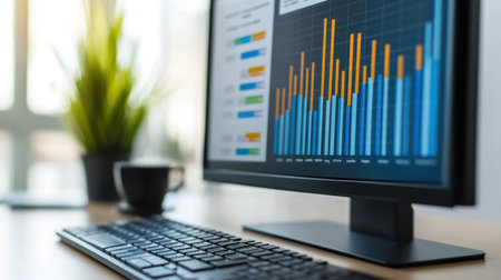 Keyboard and monitor displaying PowerPoint slides of business plan overviewの素材
