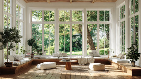 Clean Scandinavian home interior with big sunny windows, cozy seating, and parquet floorsの素材