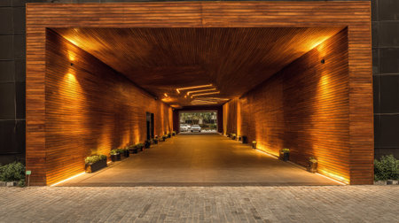 Contemporary house entrance with horizontal wood cladding and soft perimeter lightingの素材