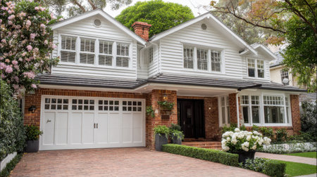 Elegant house facade with brick base, white horizontal siding, and prominent double garageの素材