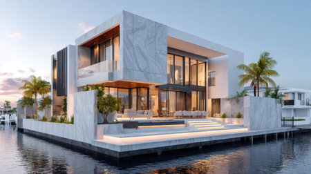 D nightfall scene of a stylish riverside residence with sleek design and mood lightingの素材