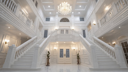 Elegant entryway of a white modern house with symmetrical stair design and recessed lightsの素材
