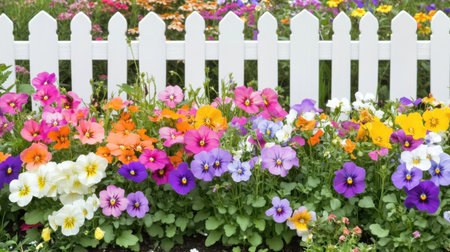 Wildflower garden bursting with color in front of a white picket fence under morning sunの素材