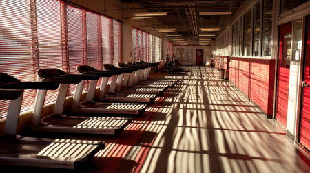 Cardio area with treadmills illuminated by morning sunlight through blindsの素材