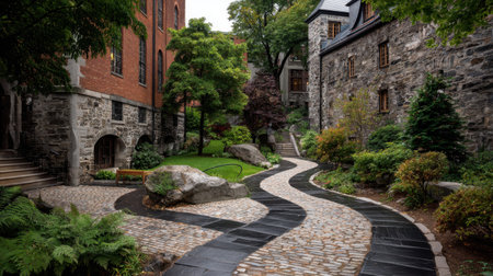 Brick path with aged texture winding between stone buildings in a historic districtの素材