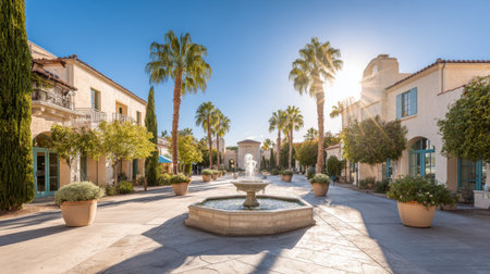 Courtyard of a resort hotel with central fountain, potted palms, and sunlit walkwaysの素材