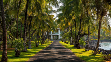 Long driveway lined with coconut palms leading to a beach resort with open lobbyの素材