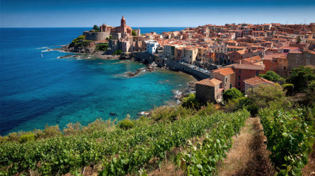 Mediterranean coastal resort with terracotta rooftops, vines, and sea in the backgroundの素材