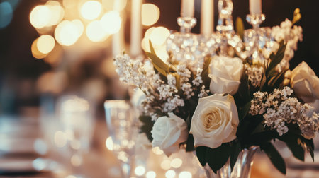 A beautifully decorated luxury hotel restaurant with crystal chandeliers and elegant table settings.の素材